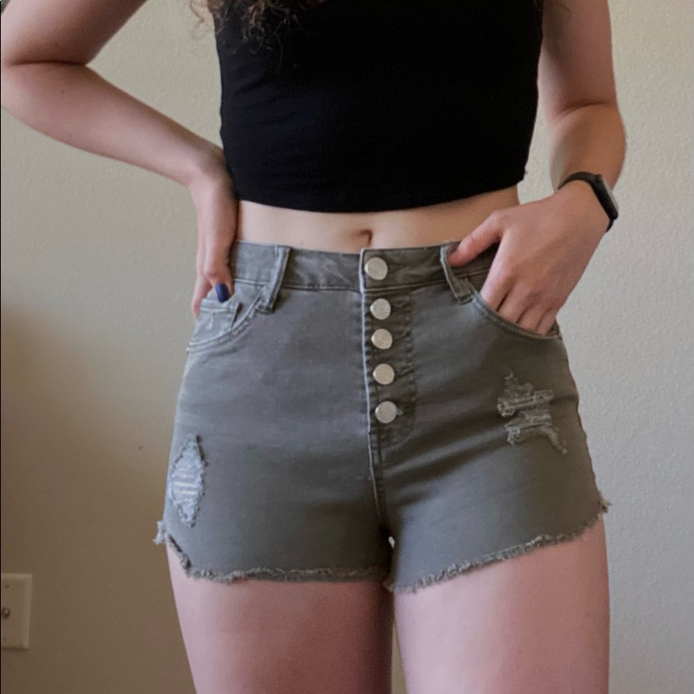 Distressed Army Green Denim Shorts